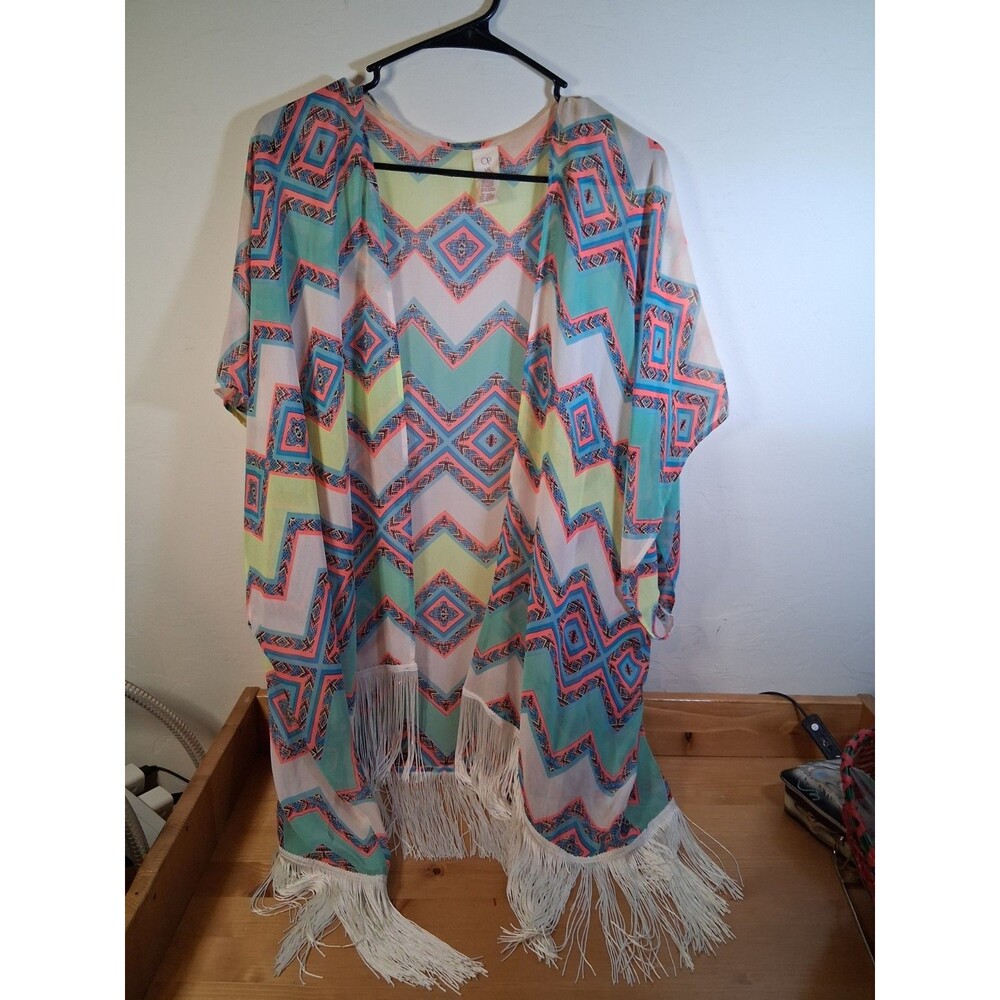 OP Juniors Women Kimono Large 11 13 Multicolor Chevron Fringe Sheer Beach Pool